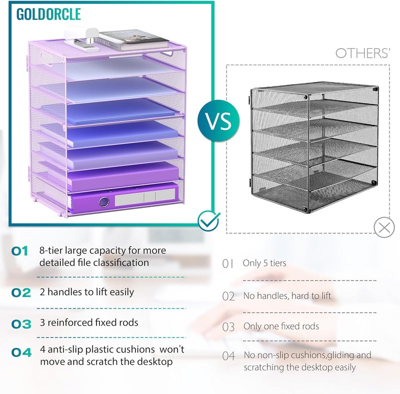 GoldOrcle 8 Tier Paper Letter Tray Organizer with Handles, Mesh Desk File Holder Storage Organization for Home School Classroom & Office (Purple) - Image 3